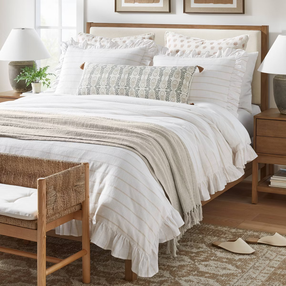 Oversized Oblong Watercolor Wood Block with Tassels Decorative Throw Pillow Camel/Light Teal - Th... | Target