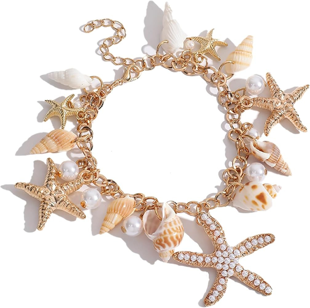 Artlunar Shell Starfish Bracelet Handmade Stretch Bracelets Conch Summer Beach Jewelry for Women | Amazon (US)
