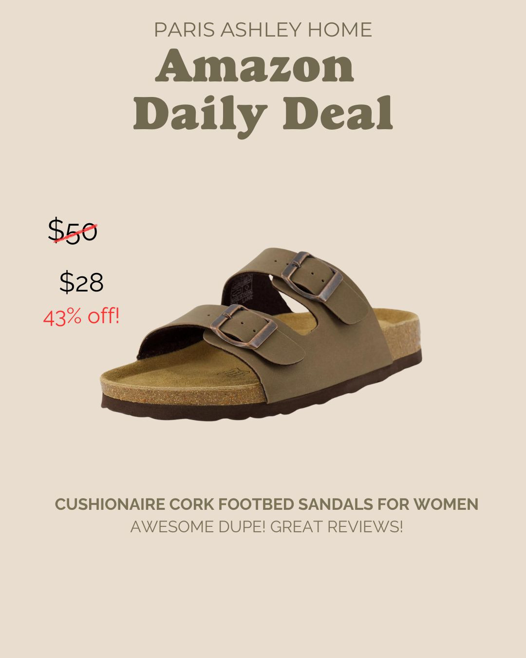 Amazon Daily Deal! CUSHIONAIRE Cork Footbed Sandals for Women
Awesome Dupe! Great Reviews!

#birkenstockdupe 

 #LTKSeasonal #LTKSaleAlert #LTKShoeCrush