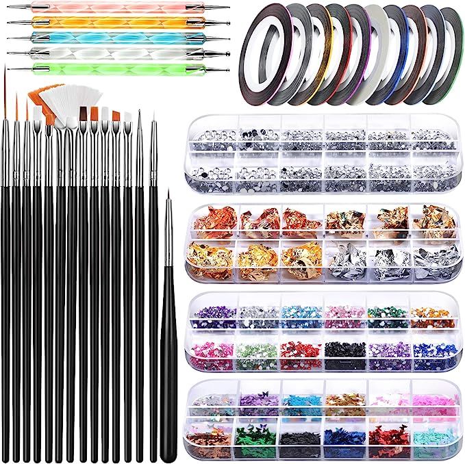 Nail Art Brush, Teenitor 3D Nail Art Decorations Kit with Nail Pen Designer Dotting Tools Colors ... | Amazon (US)