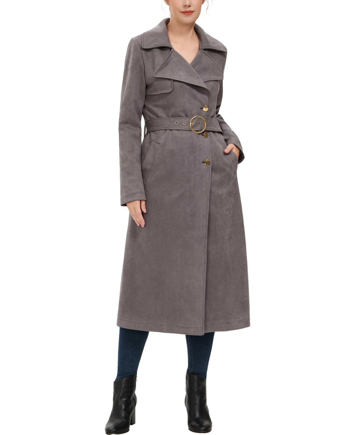 Kimi + Kai Women's Natalia Faux Suede Trench Coat - Gray | Macy's