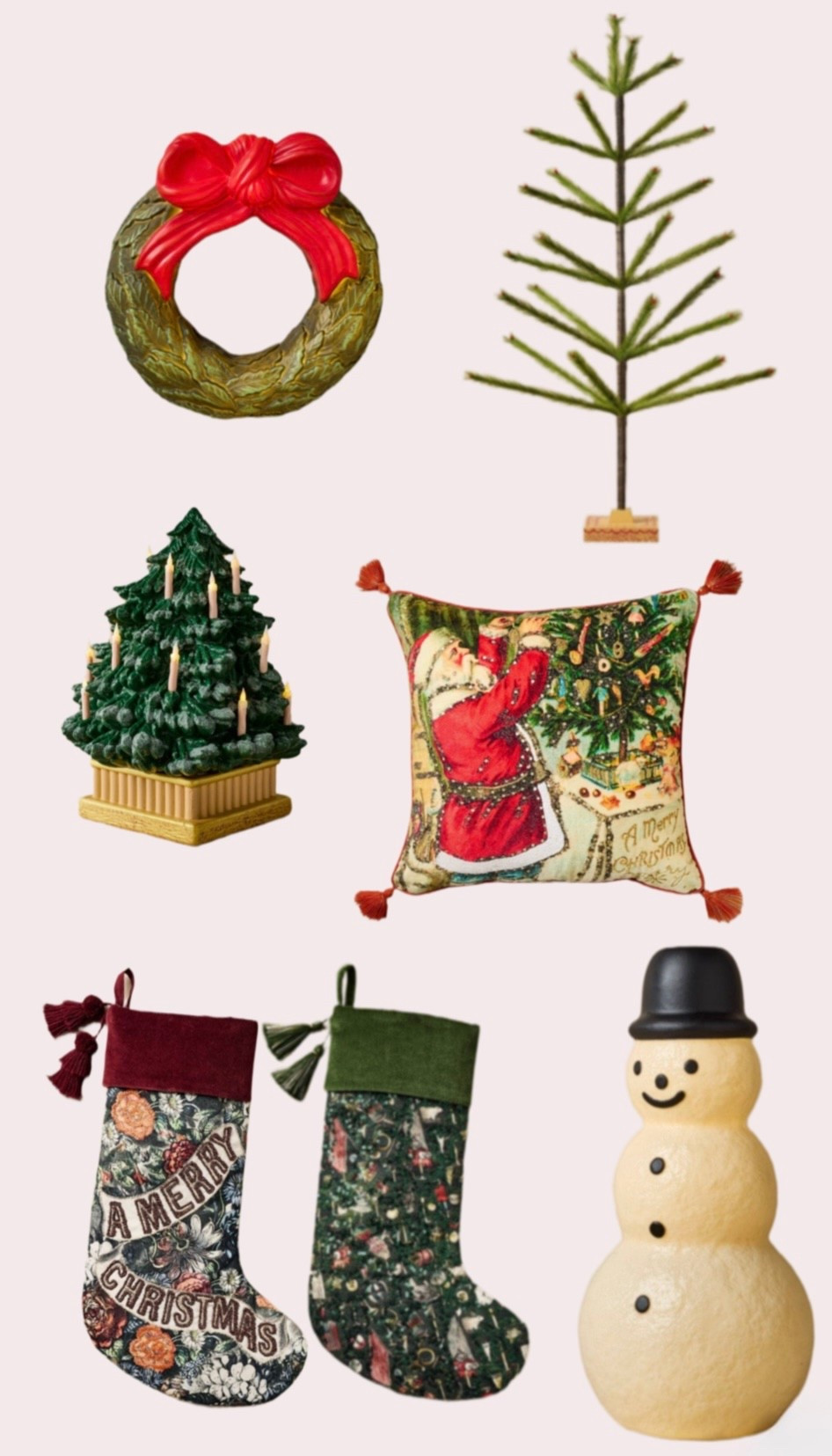 John Derian Target Nostalgic Christmas Decor

Santa pillow 
Tree Blowmold
Snowman Blowmold
Feather tree
Vintage tree

#LTKHoliday #LTKSeasonal #LTKHome