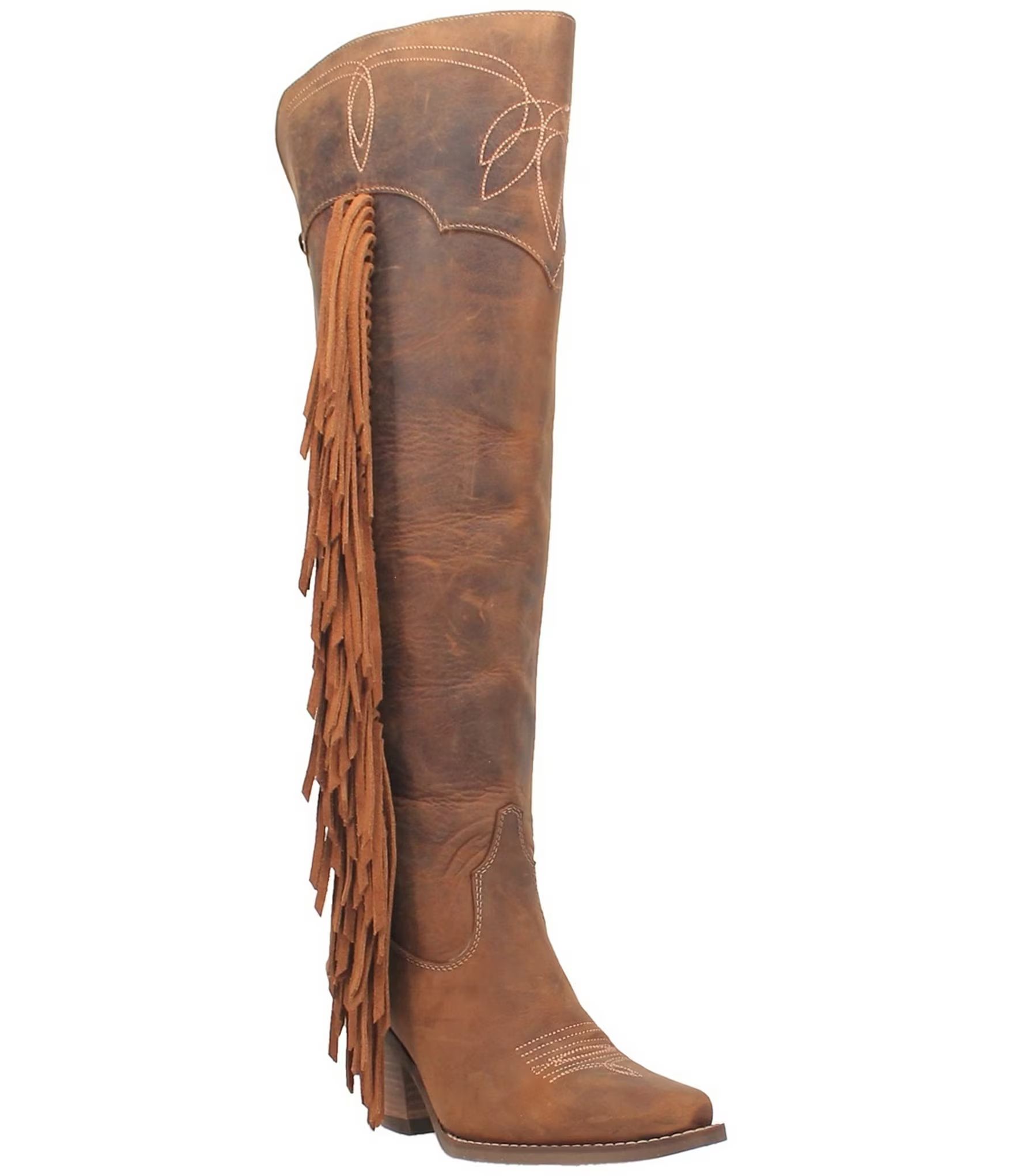 Sky High Over The Knee Distressed Leather Fringe Western Boots | Dillard's