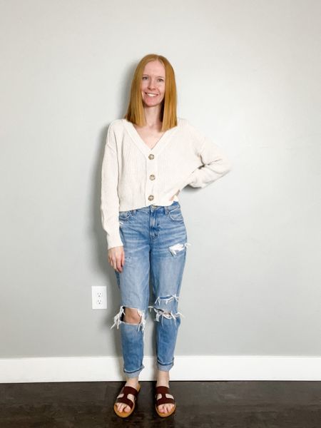 Wearing size XS in cropped cardigan and 0 regular in jeans. Everything is true to size. 

Mom jeans outfit, distressed mom jeans, cropped cardigan outfit, ootd, outfit inspo, outfi inspiration, women’s fashion, women’s style  

#LTKstyletip #LTKfit #LTKFind