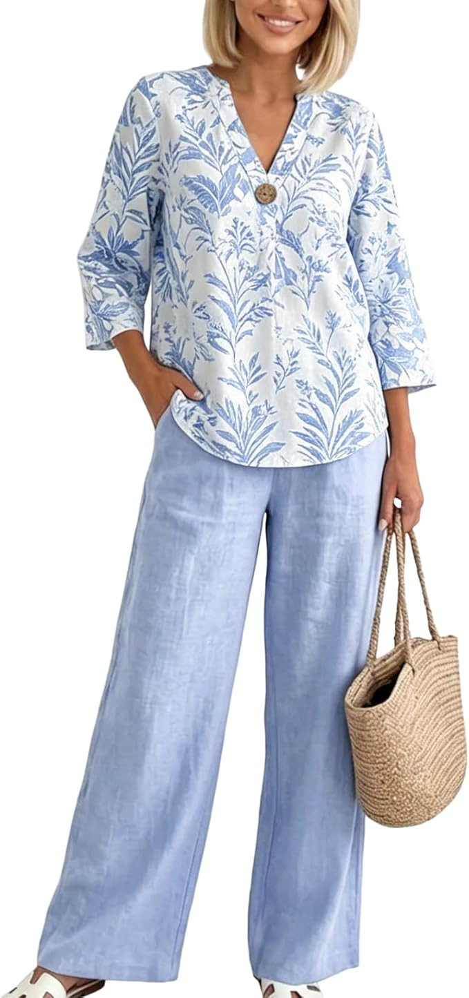 Two Piece Set for Women Blue Boho Floral Lounge Matching Sets Cotton Outfits Travel Vacation Outf... | Amazon (US)
