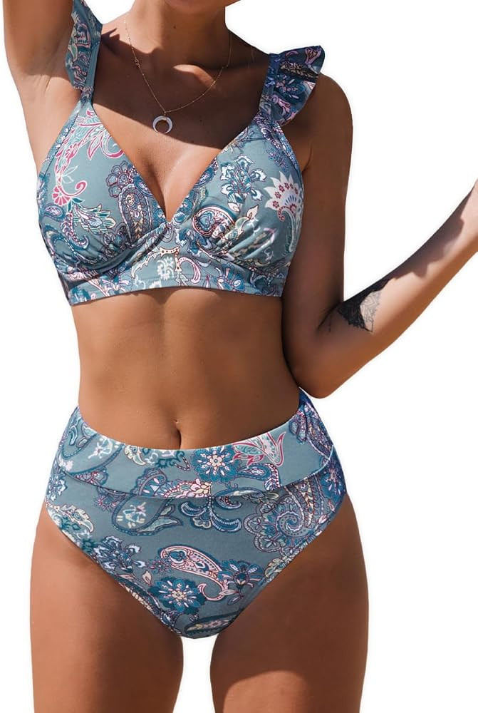 CUPSHE Women Bikini Sets 2 Piece Swimsuit High Waisted Bottom Floral Print Ruffle V Neck Bathing ... | Amazon (US)