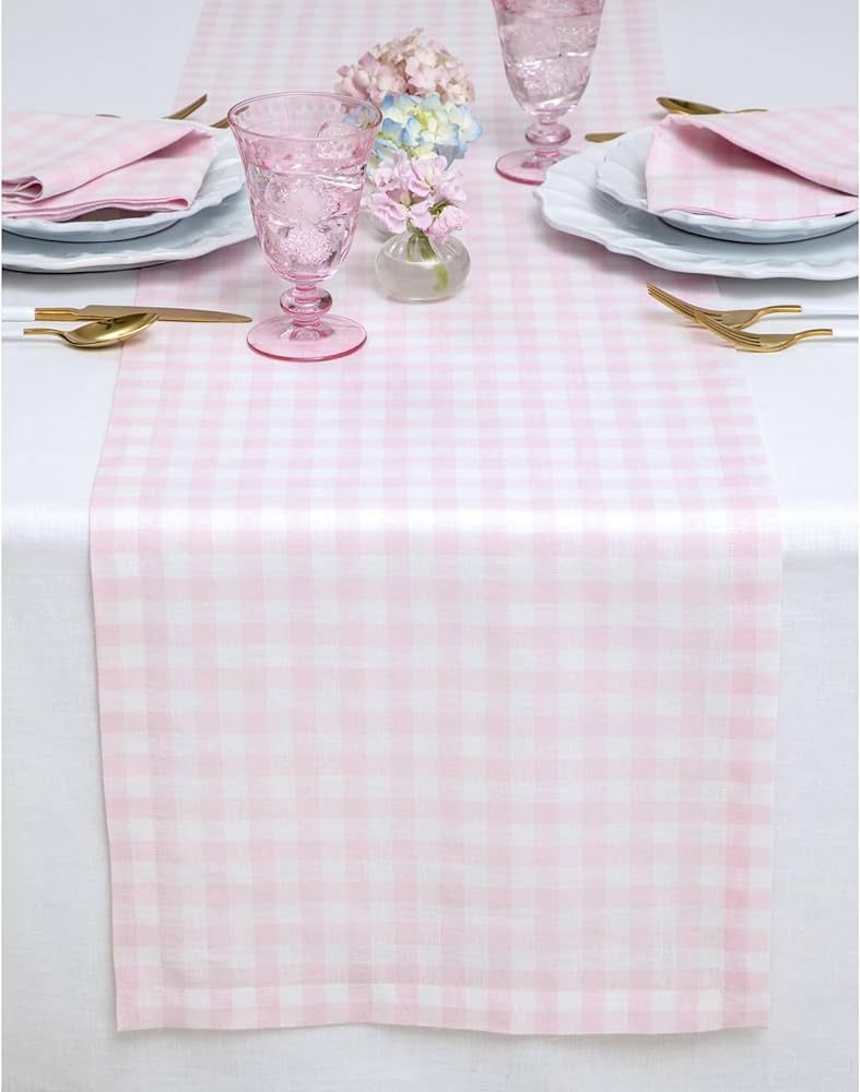 Solino Home Linen Marshmellow Pink Gingham Table Runner 108 inches Long – 100% Pure Linen Gingh... | Amazon (US)
