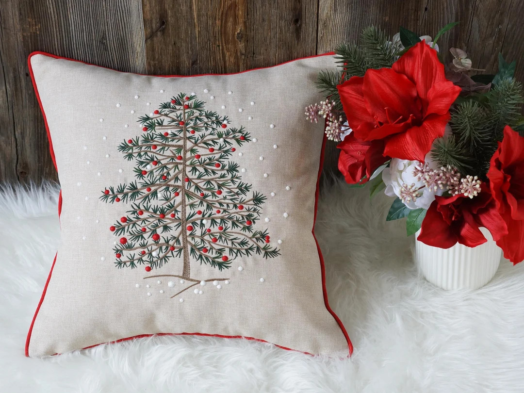 Pine Tree Christmas Pillow Covers, New Year Snowflakes Embroidered Throw Cushions for Home Decora... | Etsy (US)