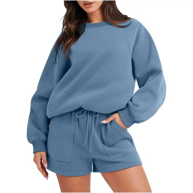 Workout Sets For Women Fashion Round-Neck Blouse Long Sleeve Tops Sweatshirt Shorts Casual Suit S... | Walmart (US)