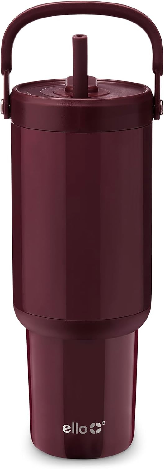 Ello Oasis Go+ 32oz Tumbler with Top Handle and Retracting Straw | Reusable Insulated Stainless Steel Cup, 100% Leakproof Water Bottle, 24 Hours Cold, Cup Holder Friendly For Travel | Red Velvet | Amazon (US)