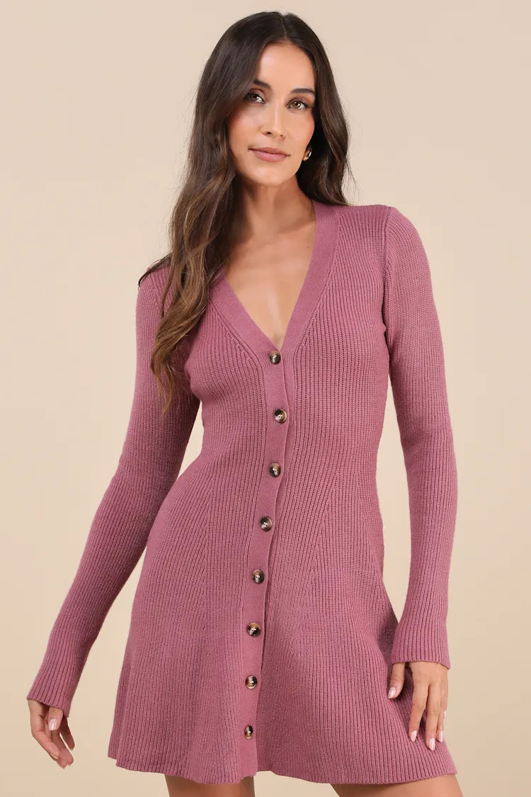 Adorably Flirty Mauve Pink Button-Front Sweater Mini Dress | Lulus