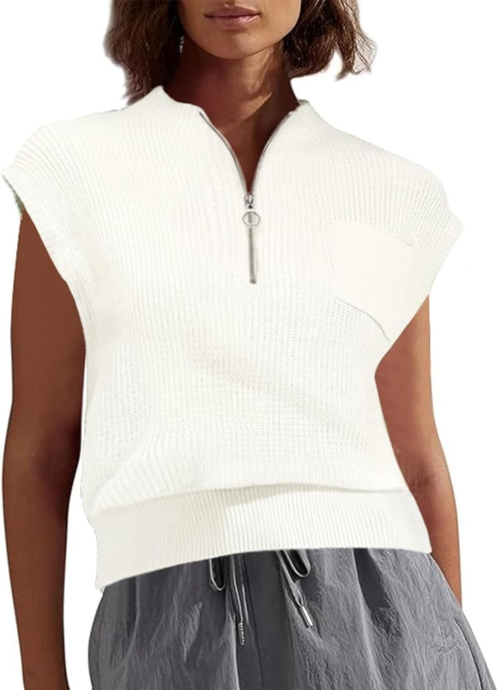 Women Sleeveless Knit Zip Sweater Vest Loose Fit Mock Neck Casual Tank Top with Front Pocket | Amazon (US)