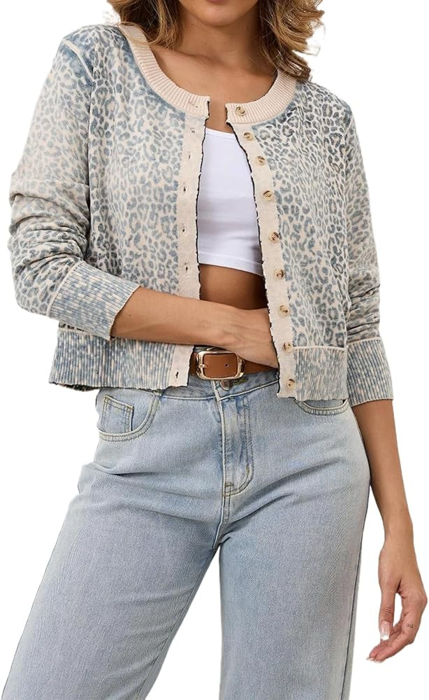 Women Camo Leopard Print Crop Sweater Cardigan Long Sleeve Button Down Knit Top Cute Graphic Shir... | Amazon (US)