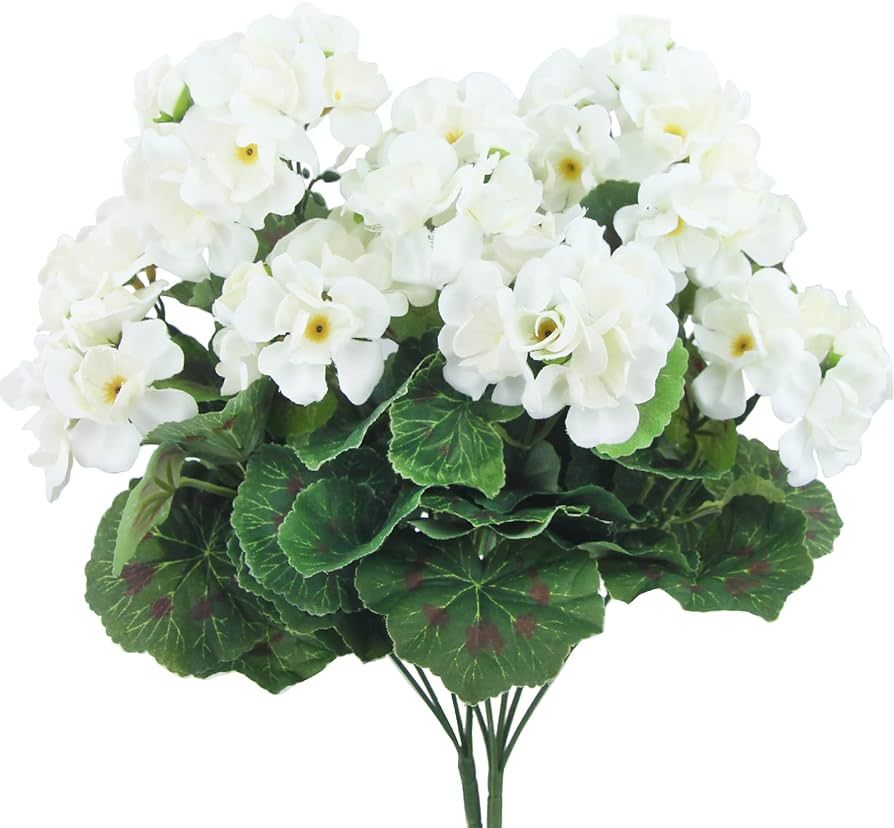 2 Pcs Artificial Geraniums for Outdoor Silk Flowers White Artificial Geranium Bush Faux Flowers G... | Amazon (US)