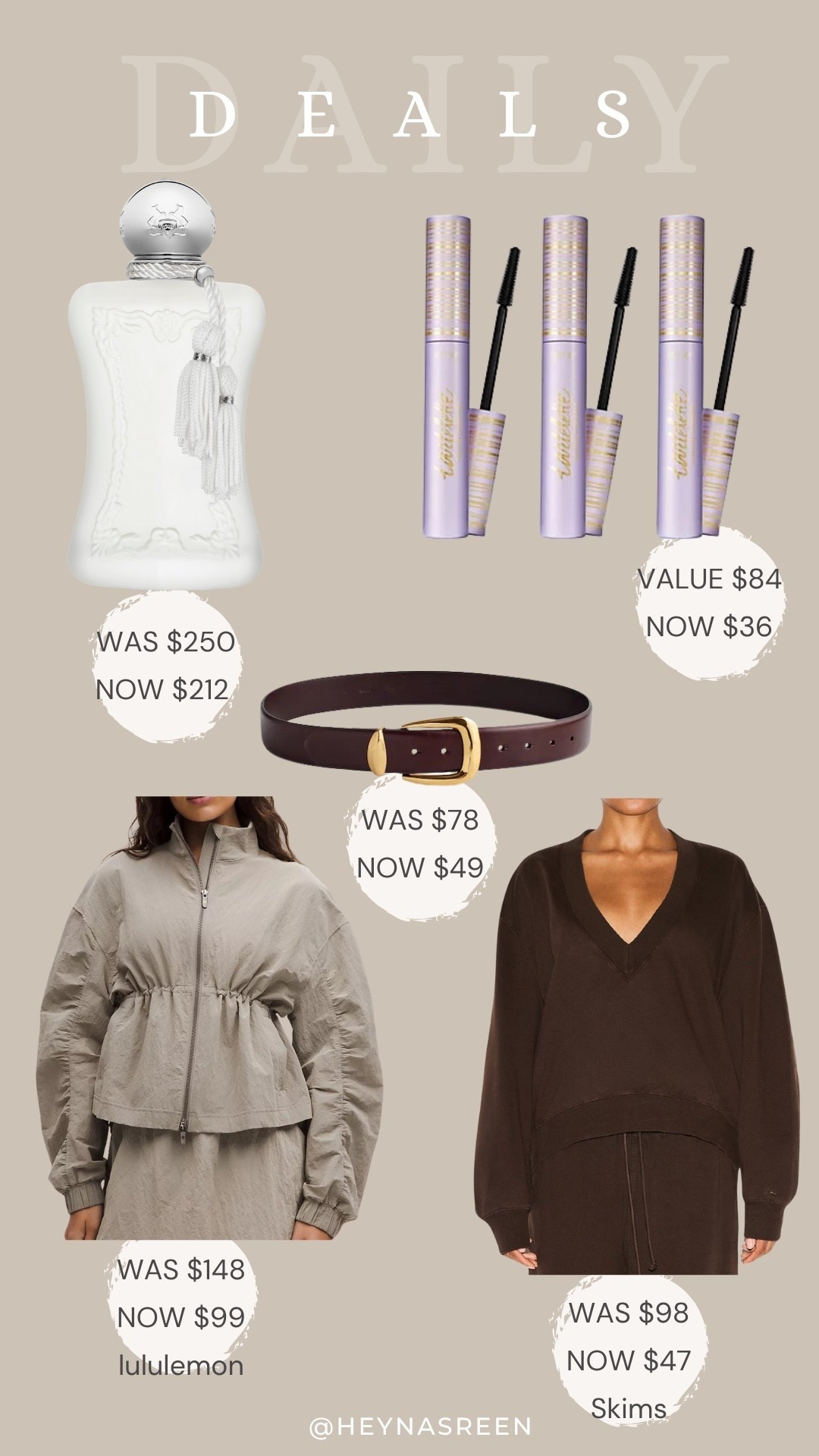 Daily deals on Parfums De Marly Valaya Eau De Parfum, Tarte tubing mascara trio, Madewell belt, Skims pullover, lululemon jacket 