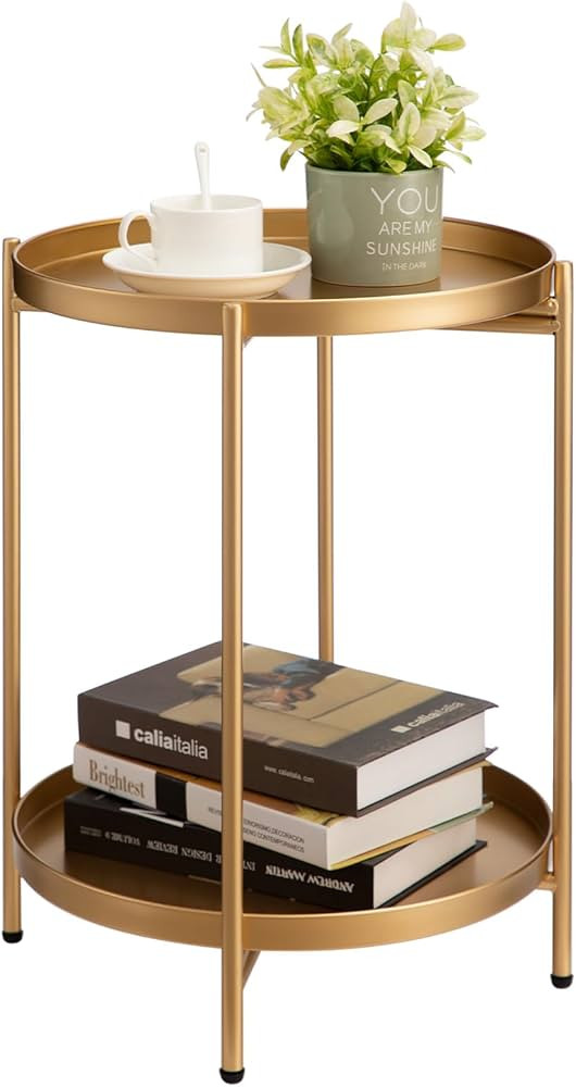 HollyHOME 2-Tier Round Gold Side Table, Outdoor Small Folding Accent Stand with Removable Tray, A... | Amazon (US)