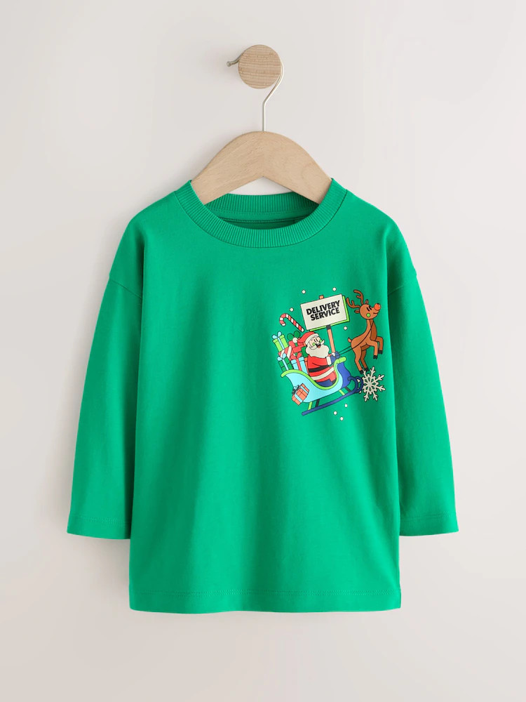 Green Santa Delivery Long Sleeve Christmas T-Shirt (3mths-7yrs) | Next US