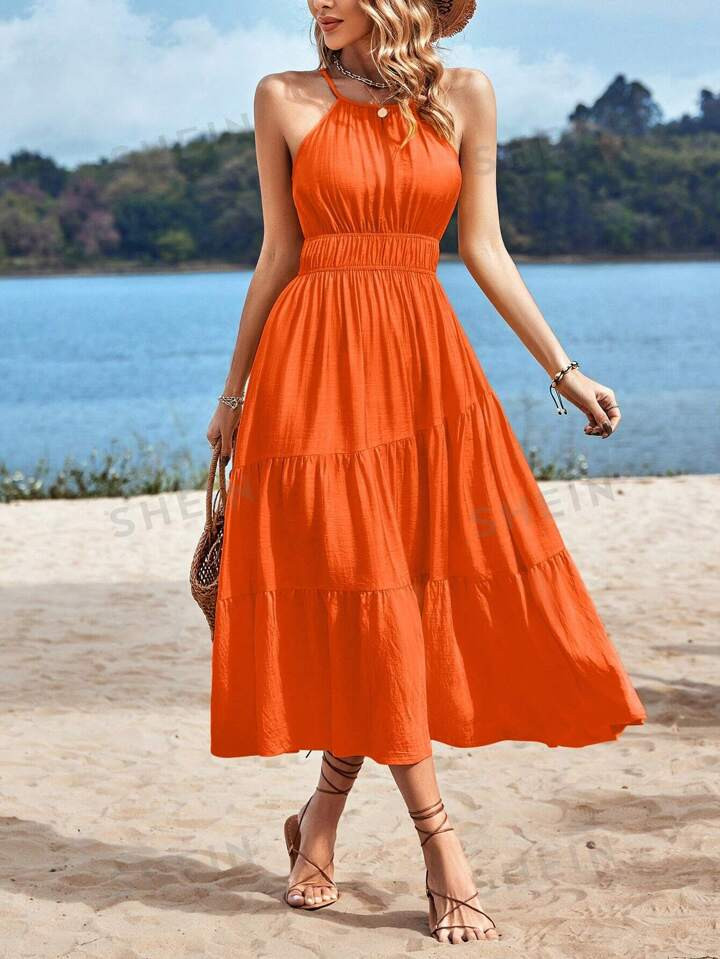 SHEIN VCAY Women's Summer Holiday Solid Color Waist Pleated Maxi Halter Dress | SHEIN