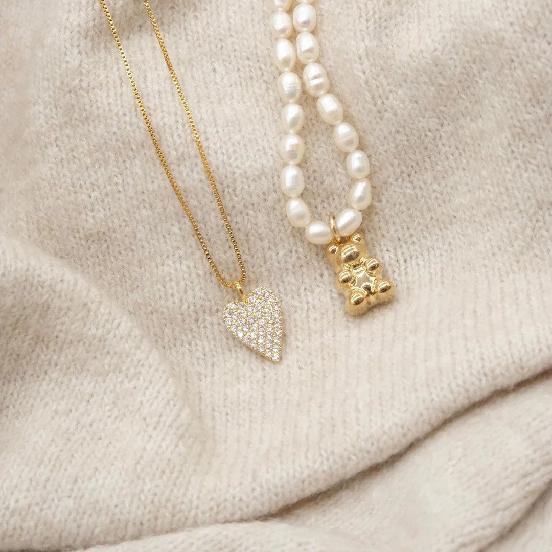 Bear Necklace, Heart Necklace, 18k Gold Filled Necklace, Pearl Chain Necklace, Layering Necklace,... | Etsy (US)