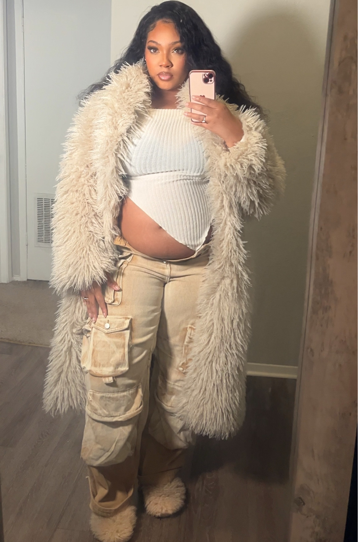 Nude fur trench coat outfit 