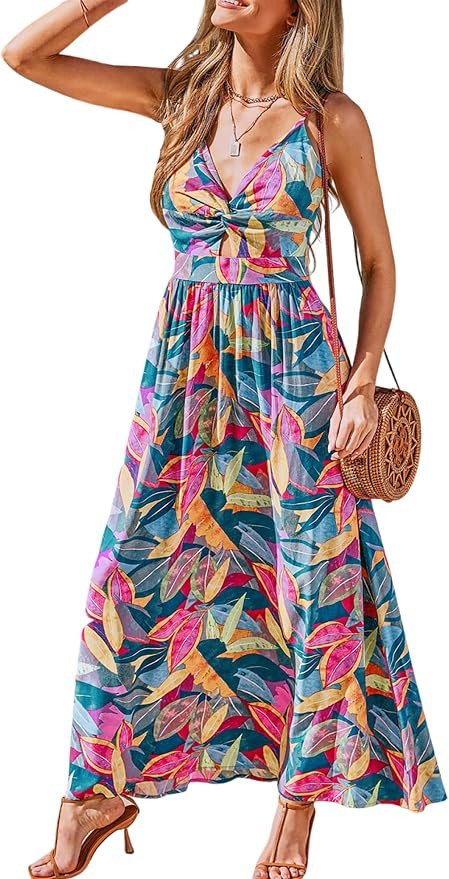 CUPSHE Women's Maxi Dress Floral Print Twisted V Neck Sleeveless Long Dress Summer Casual Dress | Amazon (US)