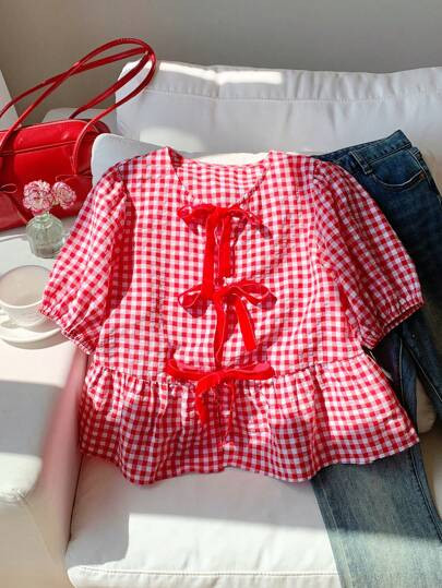 Comfortcana Women's Red Short Sleeve T-Shirt, Minimalist Fashion Casual Daily Style Pink Doll... | SHEIN