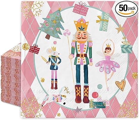 50Pcs Christmas Paper Napkins Pink Diamond Nutcracker Disposable Luncheon Napkin Sweet Cute Desse... | Amazon (US)