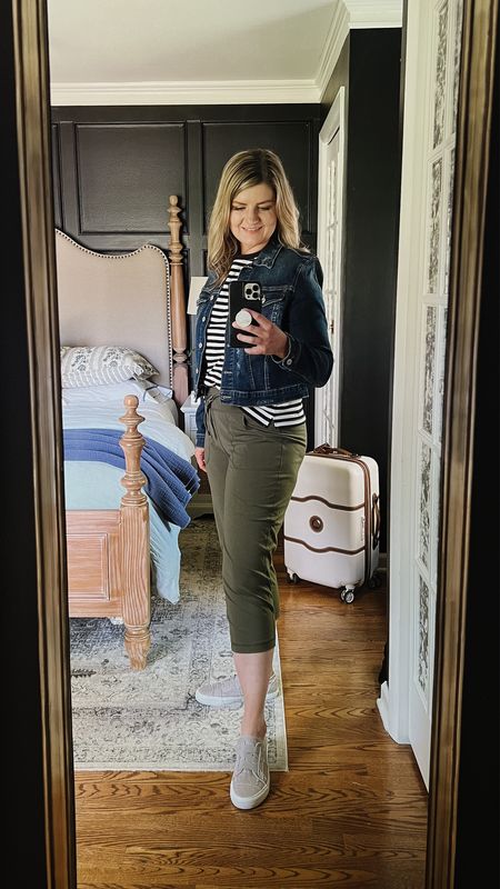 The best airplane outfit: $11 athletic pants that don’t LOOK like athletic pants for extra comfortable travel. #ad A casual tee and classic jean jacket to layer for easy temperature control in case the plane is too hot or too cold. Easy slip on canvas sneakers (with no show socks) for the security check. And my favorite carry on size suitcase of all time to fit in the overhead bin. ✈️ 

@walmartfashion #walmartfashion #travel #traveloutfit #airportwear #yogapants #gympants #denimjacket #classiclook #classicstyle 

#LTKstyletip #LTKfit #LTKtravel