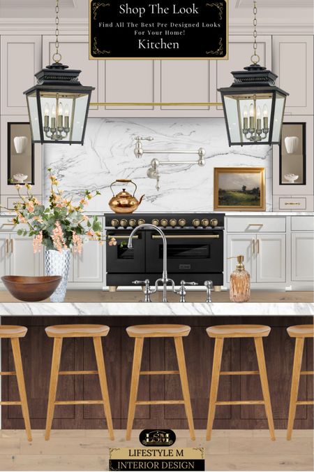 Modern farmhouse neutral kitchen. Wood counter stools, marble counters, black gold stove range, brown wood decor bowl, glass textured vase, faux flowers, island lantern pendant light, chrome kitchen heirloom faucet, chrome pot filler, brass antique pot boiler, brass scene art, beige soap dispenser, ribbed vase, white decor bowl.

#LTKstyletip #LTKhome #LTKsalealert