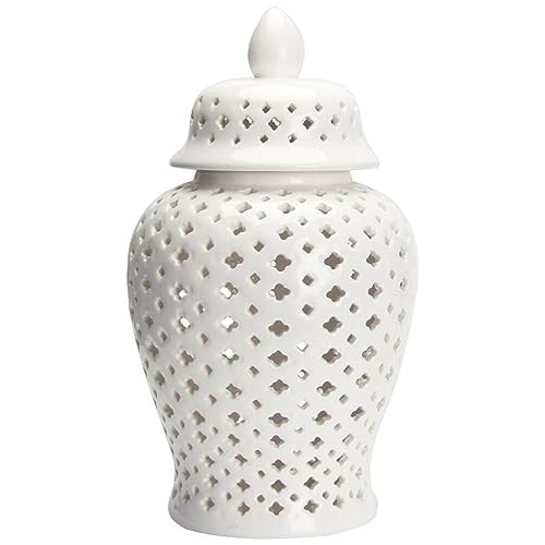 VOSAREA Ginger Jar Traditional Pierced Ginger Jar with Lid Ceramic Flower Vase Carved Lattice Decorative Temple Jar White Ginger Jars for Home Decor (12 * 12 * 21CM) | Amazon (US)