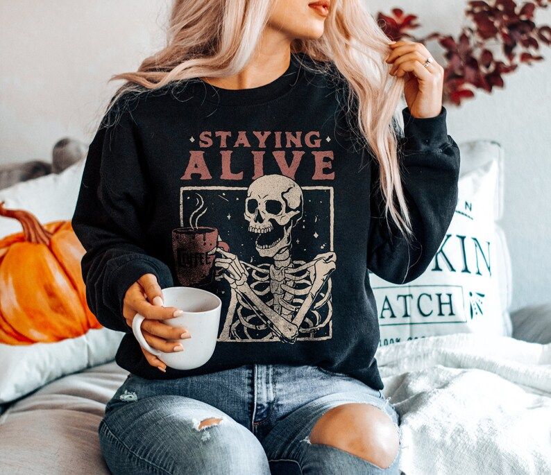 Staying Alive Coffee Sweatshirt Halloween Shirt Fall - Etsy | Etsy (US)