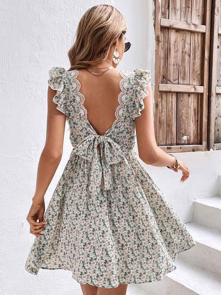 SHEIN Frenchy Ditsy Floral Print Contrast Lace Tie Backless Ruffle Trim Dress | SHEIN