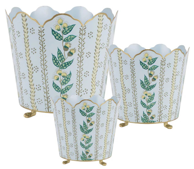 Pale Blue & Gold Floral Bucket Planter (3 Sizes) | The Enchanted Home