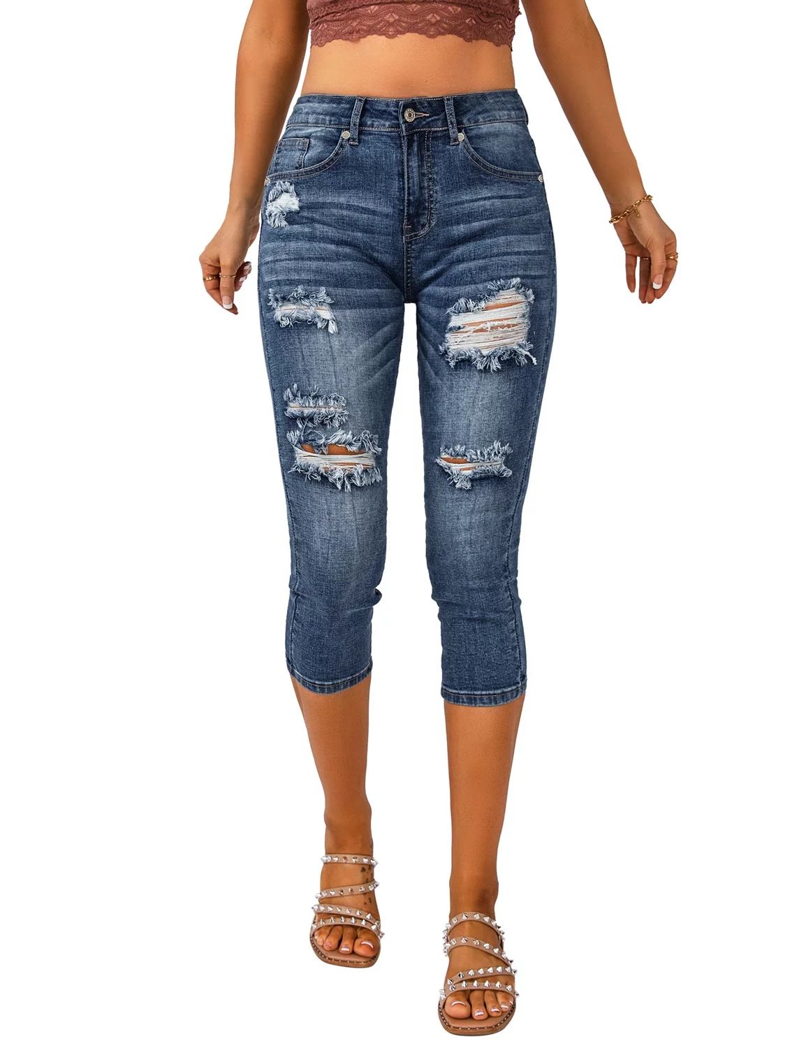 Vetinee Women's Sexy High Waisted Casual Ripped Pants Skinny Denim Capri Jeans Size M | Walmart (US)