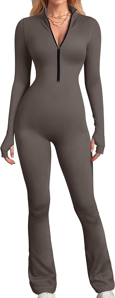 OQQ Women's Yoga Jumpsuits Ribbed Long Sleeve Zip Front Sport Bell Bottoms Flare Jumpsuits | Amazon (CA)