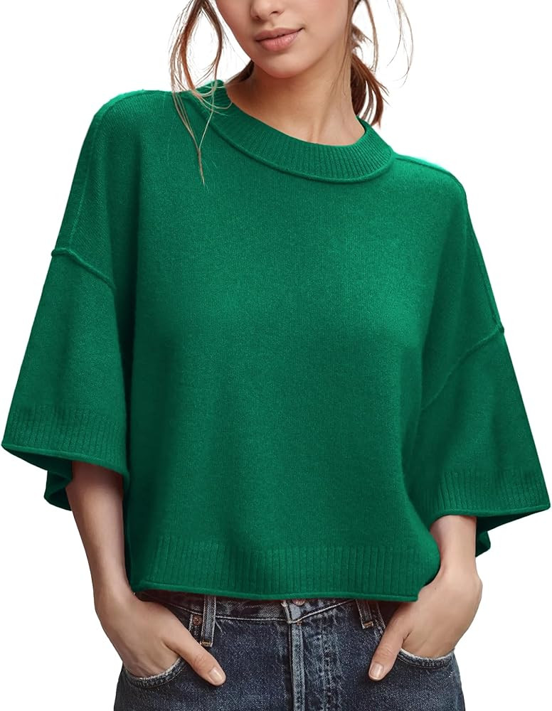 ZDC Women's Oversized Sweaters Summer 3/4 Sleeve Casual Cropped Tops Lightweight Loose Fit Knit P... | Amazon (US)