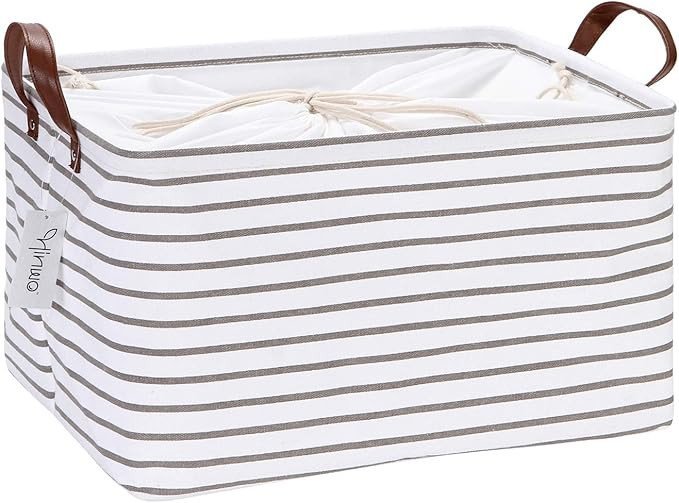 Hinwo 31L Large Capacity Storage Basket Canvas Fabric Storage Bin Collapsible Storage Box with PU... | Amazon (US)
