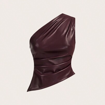 Burgundy Burgundy One-Shoulder Smocked PU Top For Women, Pleated Waist Slimming Top For Women | SHEIN