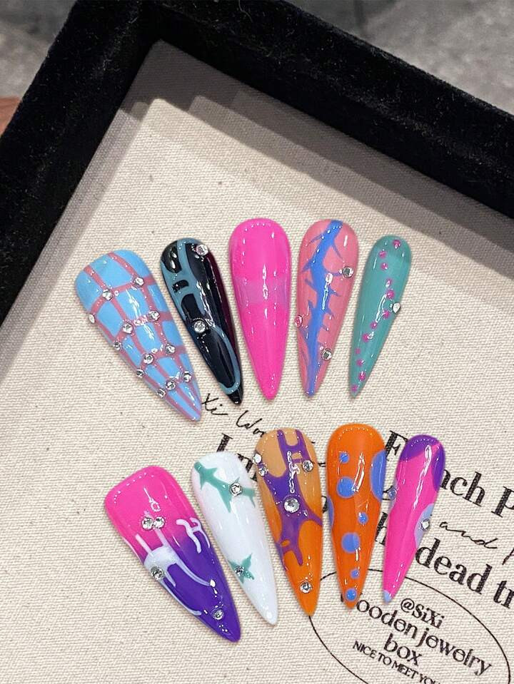 YADORNOS Y2K 10pcs Colorful Personalized Hand-Painted Rhinestone Handmade Nails, Rave Party Nails Extra Long Stiletto Pointed False Nails Acrylic Press On Nails, DIY Nail Art Supplies, Reusable, With Jelly Glue And Nail File | SHEIN