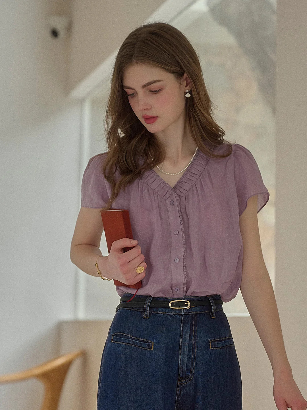 Angela V-Neck 100% Ramie Blouse | Simple Retro