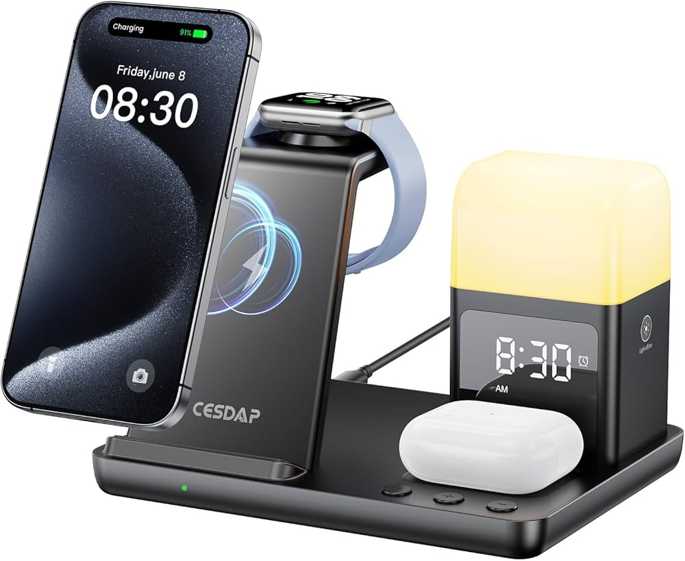 6 in 1 Wireless Charging Station for Apple Charging Station for Multiple Devices with Alarm Clock... | Amazon (US)