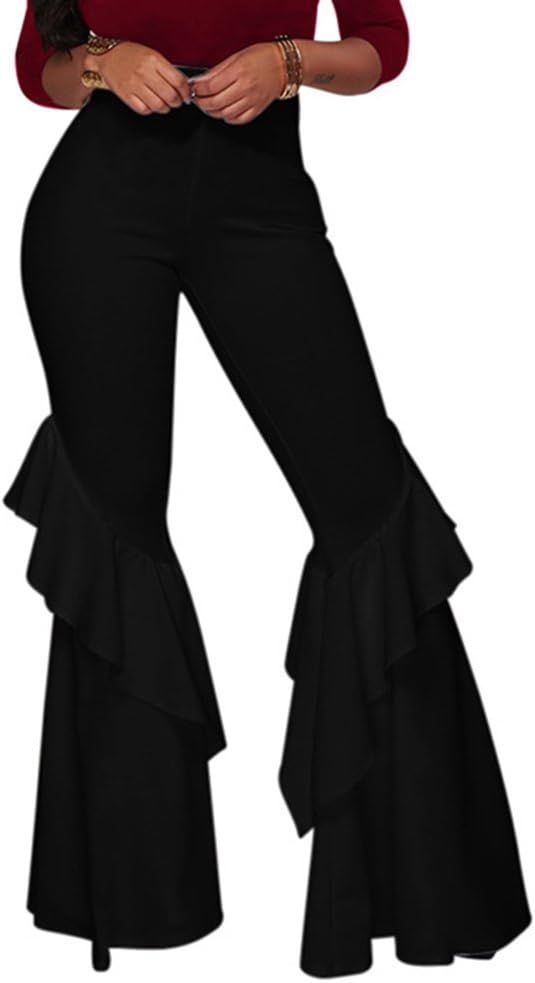 GUOLEZEEV Womens High Waisted Ruffle Flare Fit Pants Solid Color Wide Leg Trousers | Amazon (US)