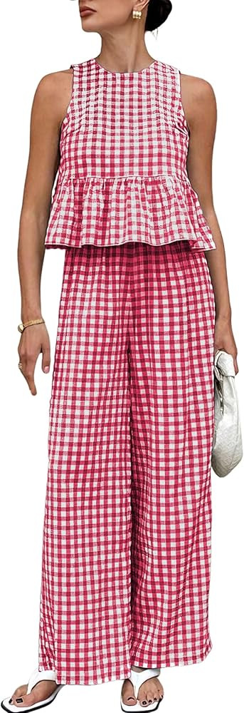 Tanming Women's 2 Piece Set Outfits Gingham Plaid Tank Tops Wide Leg Pants Matching Lounge Sets | Amazon (US)