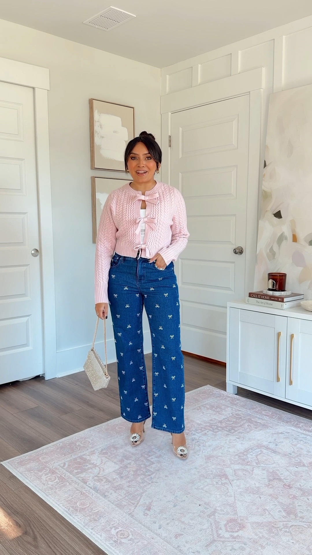 Pink bow cardigan sweater size xs TTS
Bow jeans size 26 petite TTS
Rhinestone clear heels - old, similar linked

#LTKStyleTip #LTKHoliday #LTKPetite