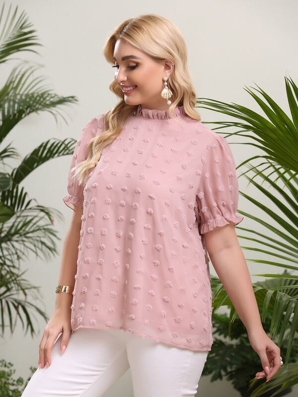 Plus Swiss Dot Ruffle Neck Blouse | SHEIN