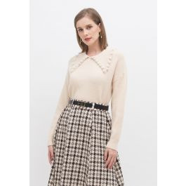 Pearl Trims Collar Soft Touch Knit Sweater in Linen | Chicwish