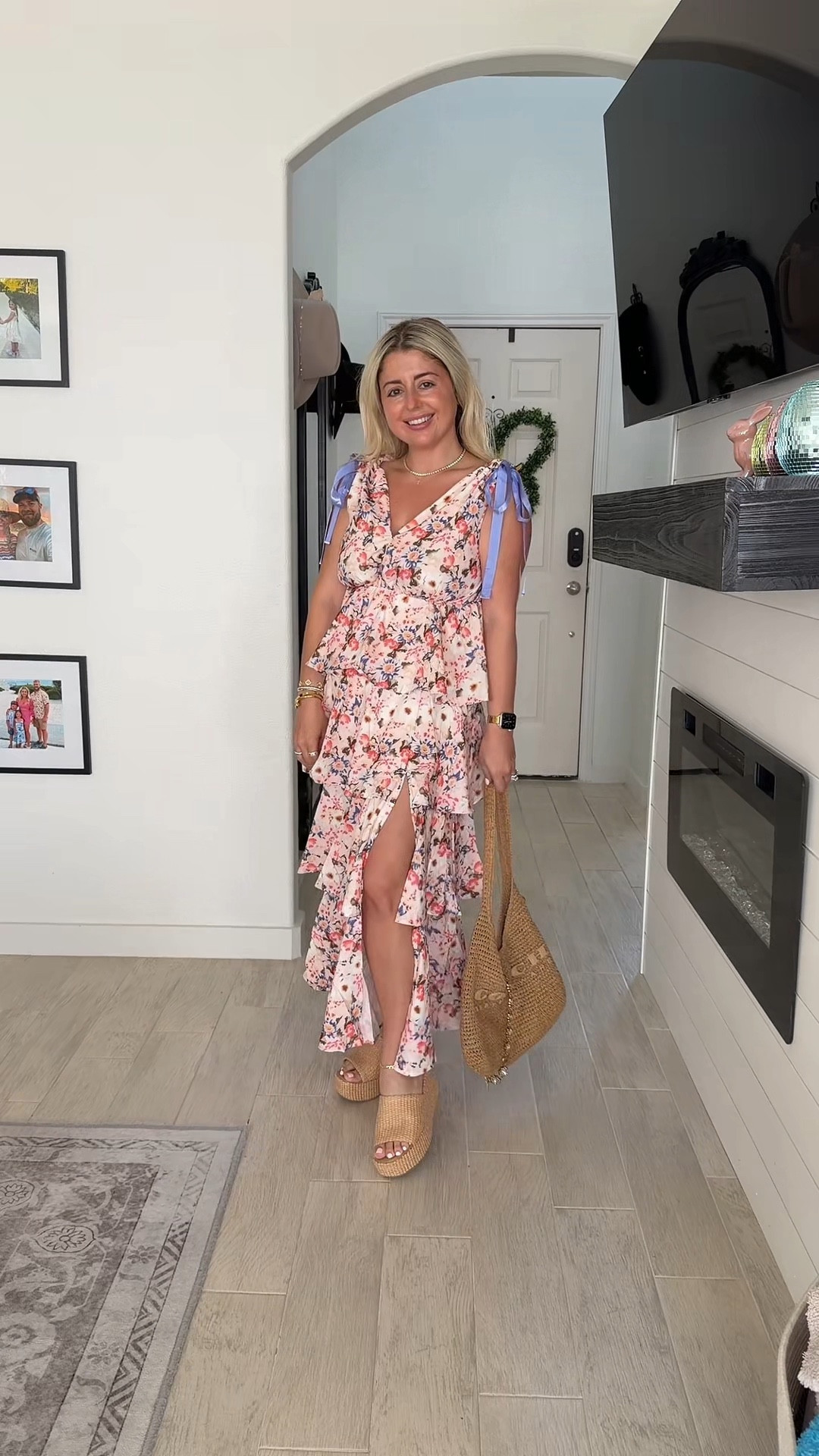 Spring dress
Small
Vacation, resort, date night outfit 
Wedges so comfy and cute
Coach raffia bag
Easter dress 
Amazon fashion