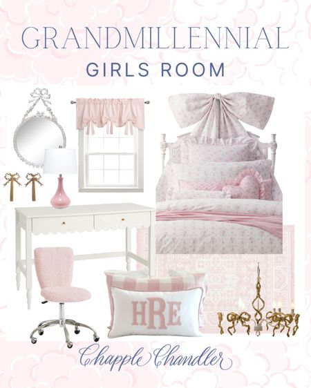 Grandmillennial Girl bedroom design 🎀

Girl nursery flowers pink bows ditzy floral pattern wallpaper bedding valance curtain scalloped desk 

#LTKhome #LTKBacktoSchool #LTKkids