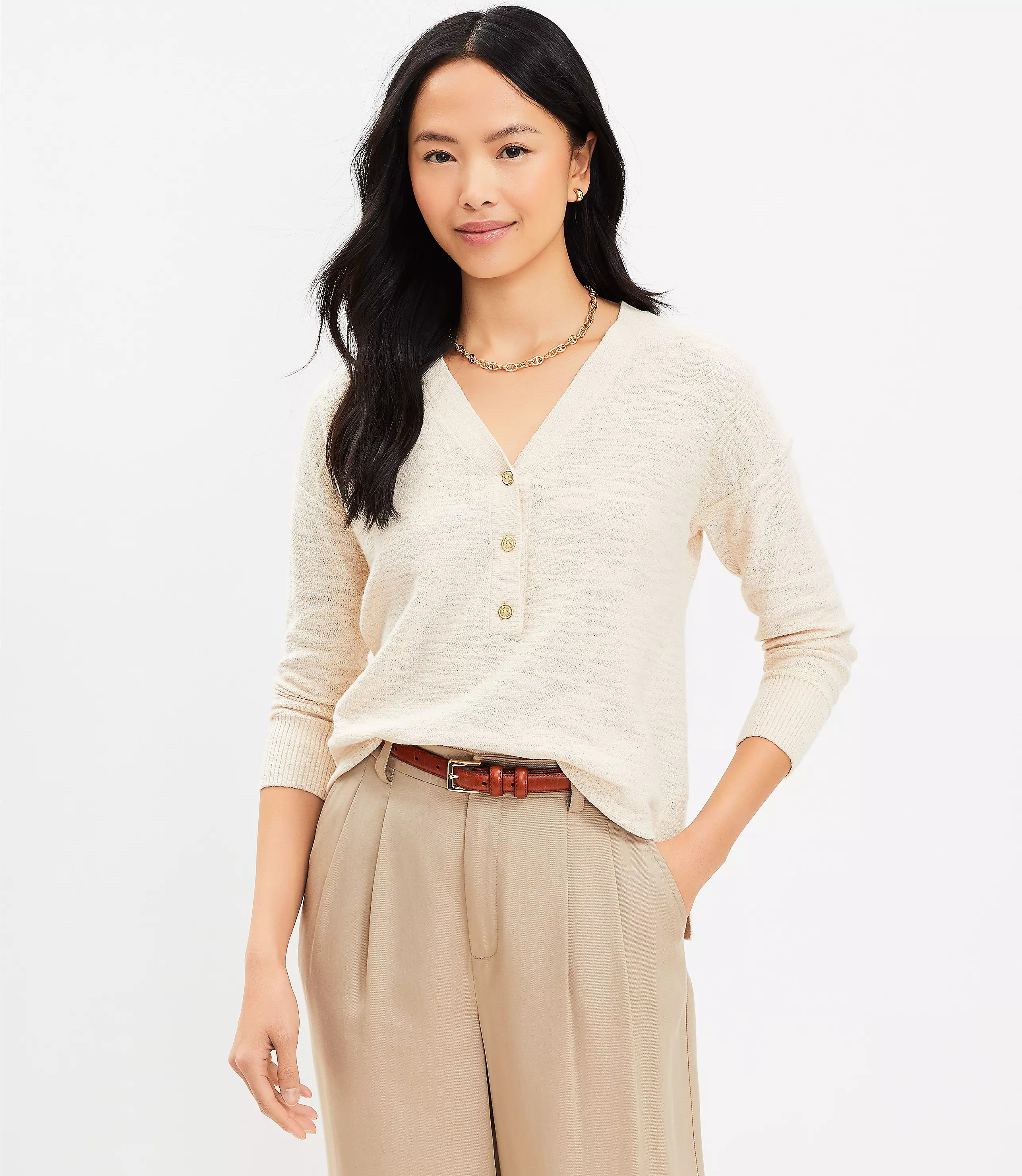 Drop Shoulder Henley Sweater | LOFT