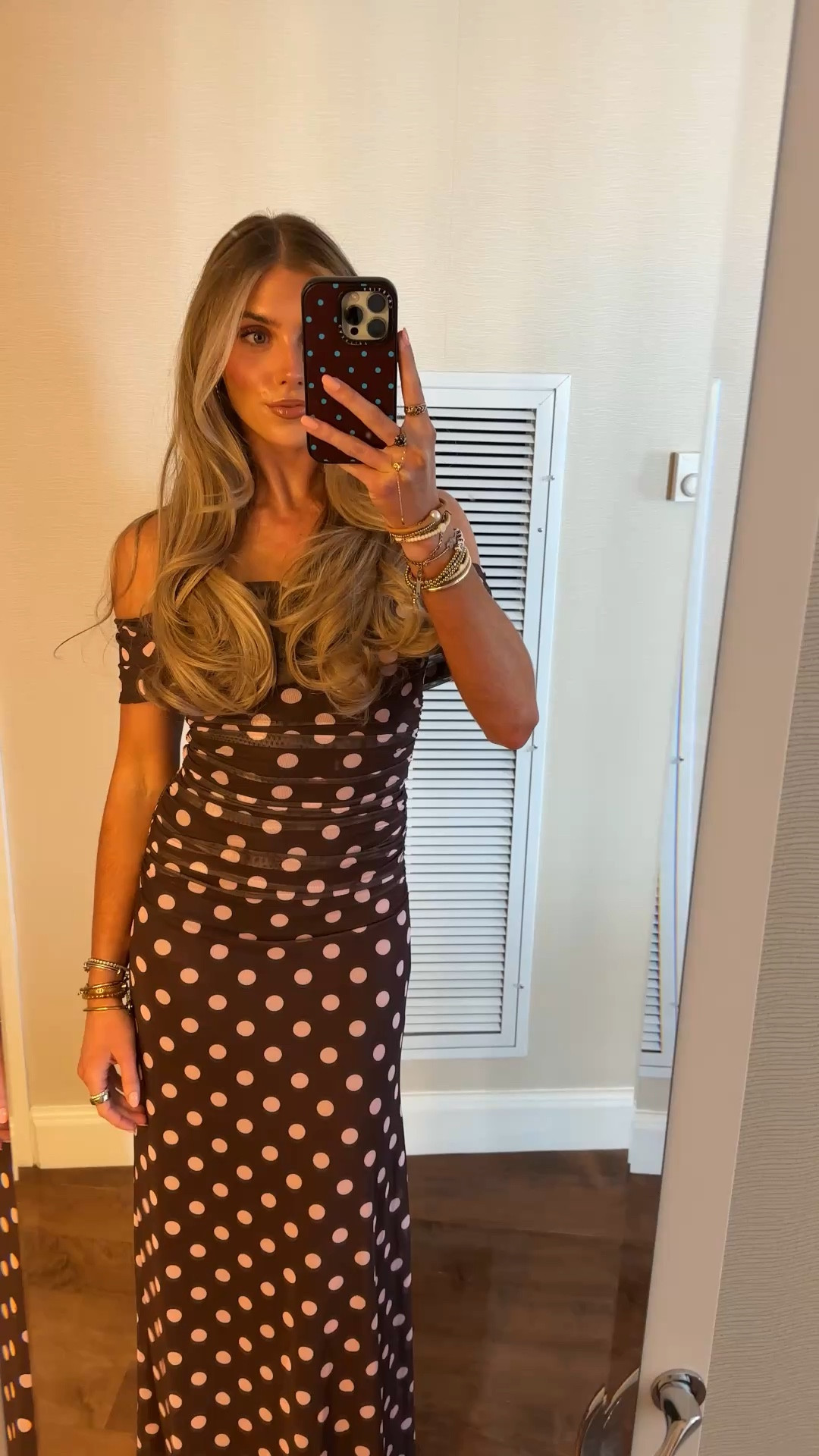 Saturday outfit for the Baltic Born Event! My dress is of course Baltic Born size XS (code SLOANEBB15). Maisie Off-Shoulder Maxi, a playful yet refined silhouette in chocolate and blush polka dot mesh. Designed to flatter, it pairs a fitted off-the-shoulder bodice with soft stretch mesh and a sweeping maxi skirt that moves gracefully with every step. 

#LTKWedding #LTKootd #LTKSaleAlert